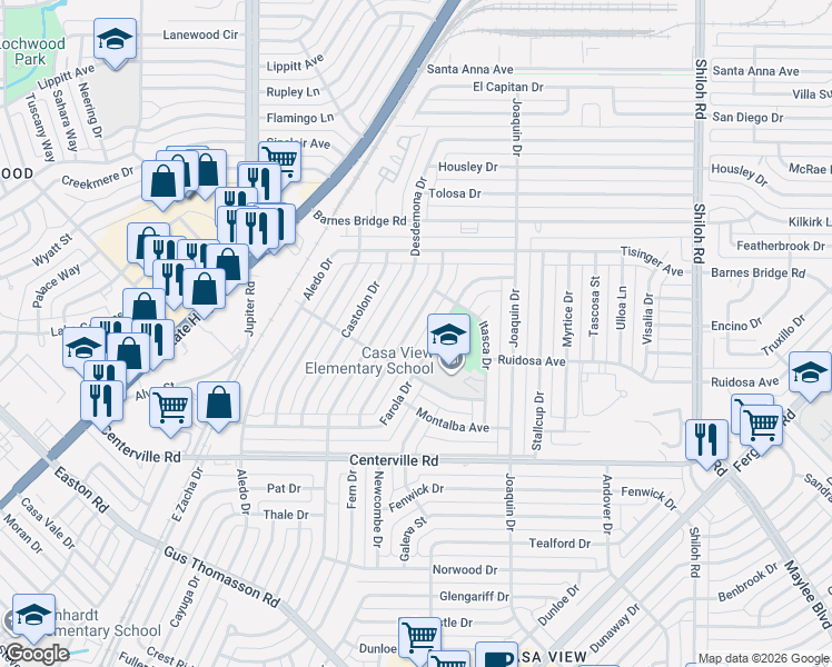 map of restaurants, bars, coffee shops, grocery stores, and more near 2135 Farola Drive in Dallas