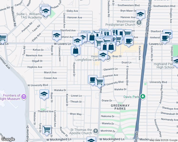 map of restaurants, bars, coffee shops, grocery stores, and more near 7418 Morton Street in Dallas