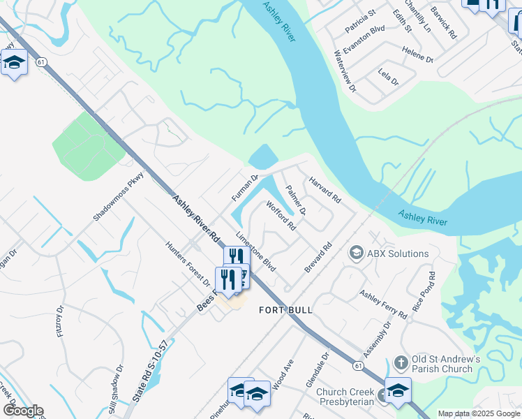 map of restaurants, bars, coffee shops, grocery stores, and more near 2336 Wofford Road in Charleston