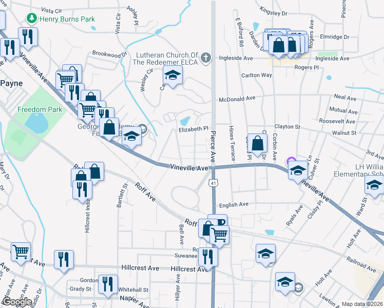 map of restaurants, bars, coffee shops, grocery stores, and more near 124 Stonewall Place in Macon