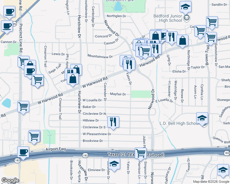 map of restaurants, bars, coffee shops, grocery stores, and more near 328 Mayfair Drive in Hurst