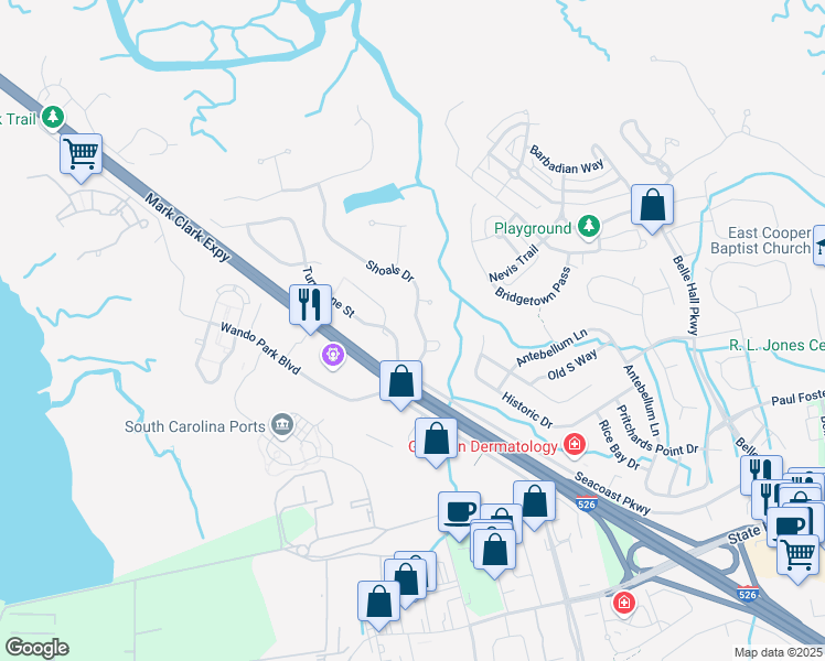map of restaurants, bars, coffee shops, grocery stores, and more near 377 Shoals Drive in Mount Pleasant