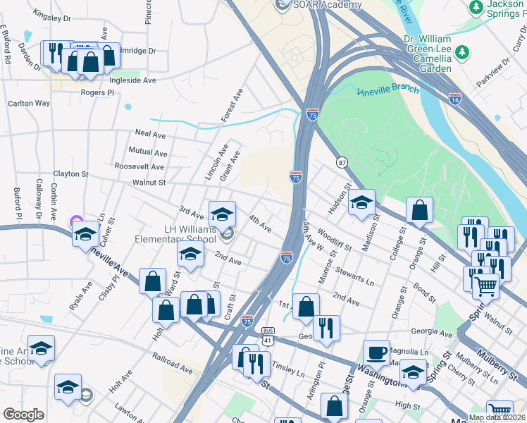 map of restaurants, bars, coffee shops, grocery stores, and more near 1860 5th Avenue West in Macon