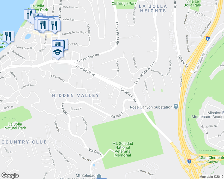 map of restaurants, bars, coffee shops, grocery stores, and more near 2517 Caminito La Paz in San Diego