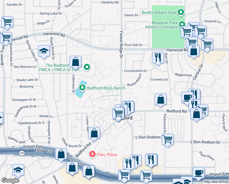 map of restaurants, bars, coffee shops, grocery stores, and more near 2517 Shady Ridge Drive in Bedford