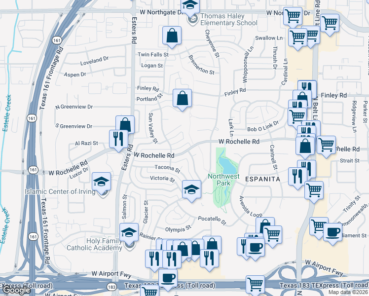 map of restaurants, bars, coffee shops, grocery stores, and more near 3909 West Rochelle Road in Irving