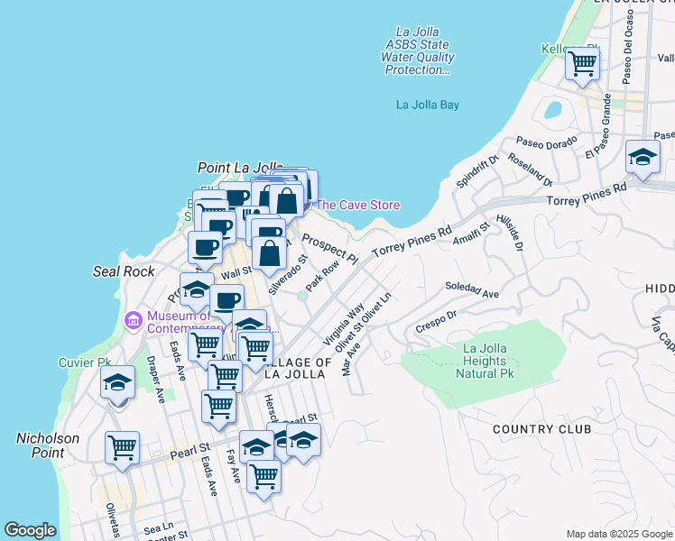 map of restaurants, bars, coffee shops, grocery stores, and more near 1425 Park Row in San Diego