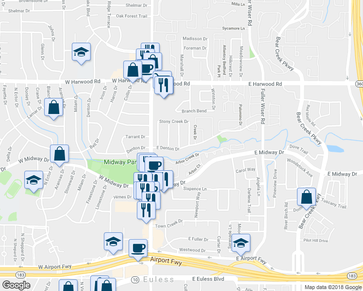 map of restaurants, bars, coffee shops, grocery stores, and more near 760 Midcreek Drive in Euless