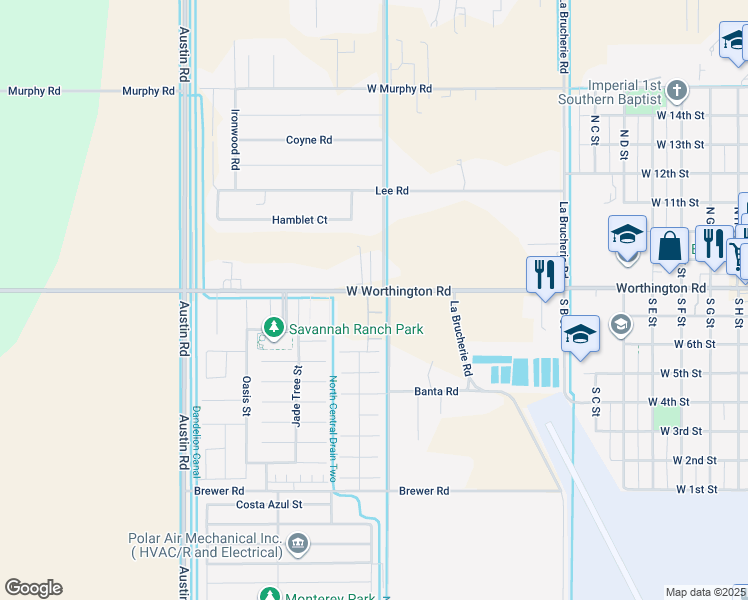 map of restaurants, bars, coffee shops, grocery stores, and more near 603 West Worthington Road in Imperial