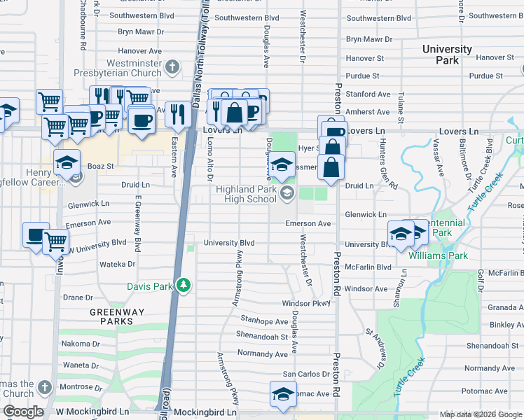 map of restaurants, bars, coffee shops, grocery stores, and more near 4301 Glenwick Lane in Dallas