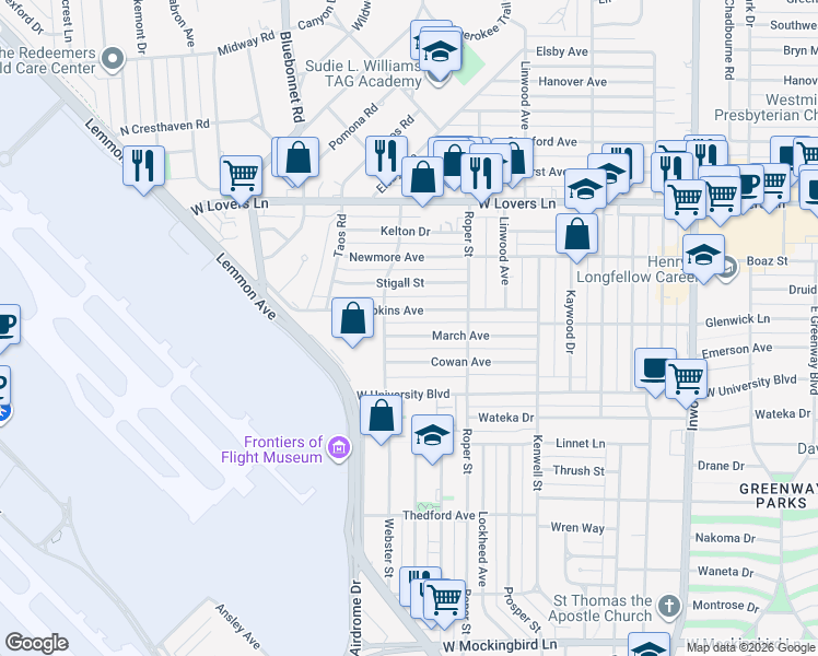map of restaurants, bars, coffee shops, grocery stores, and more near 4519 March Avenue in Dallas