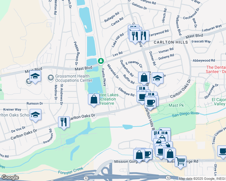map of restaurants, bars, coffee shops, grocery stores, and more near 9406 West Heaney Circle in Santee