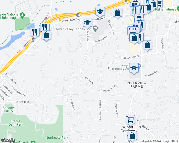 map of restaurants, bars, coffee shops, grocery stores, and more near 9268 Hightop Terrace in Lakeside