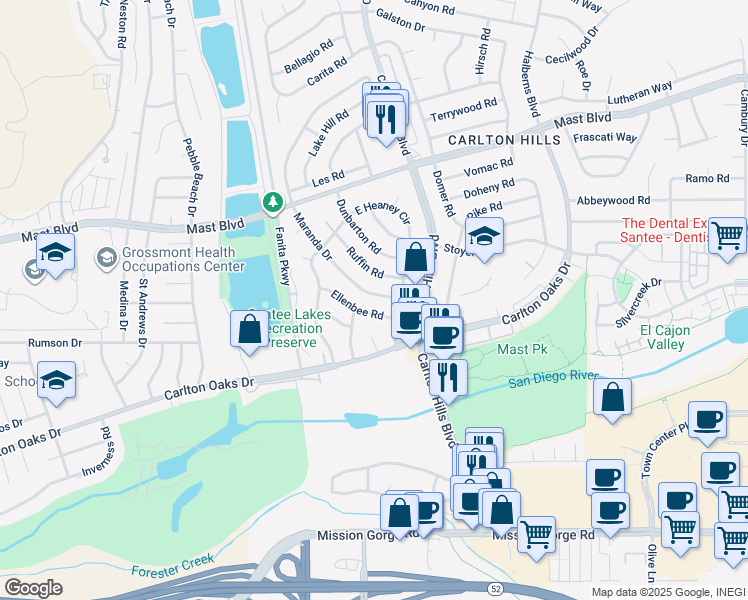 map of restaurants, bars, coffee shops, grocery stores, and more near 9253 Maranda Drive in Santee