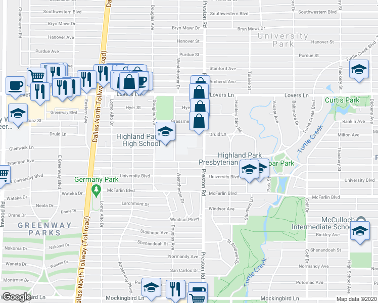 map of restaurants, bars, coffee shops, grocery stores, and more near 4125 Glenwick Ln in Dallas