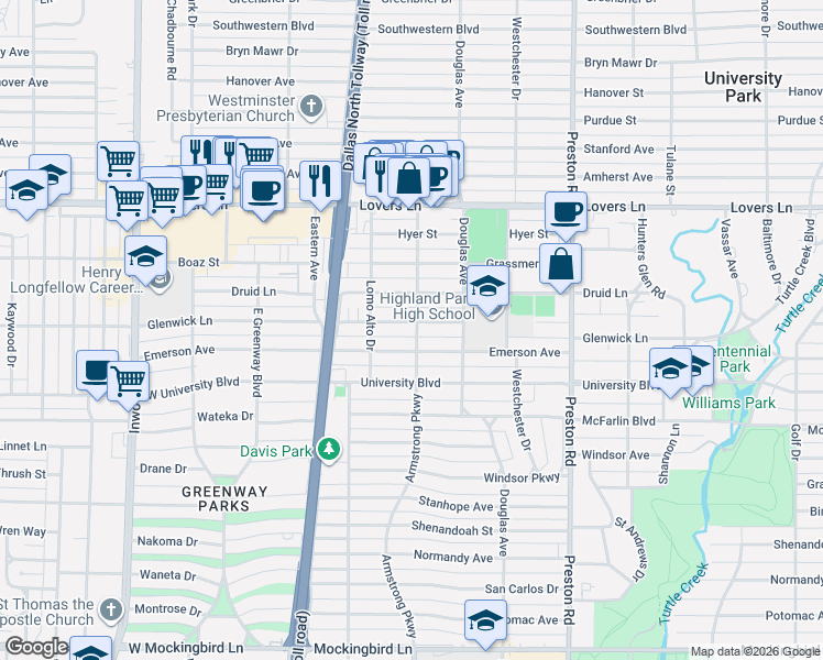 map of restaurants, bars, coffee shops, grocery stores, and more near 4335 Glenwick Lane in Dallas