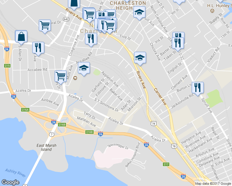 map of restaurants, bars, coffee shops, grocery stores, and more near 2930 Baker Avenue in North Charleston