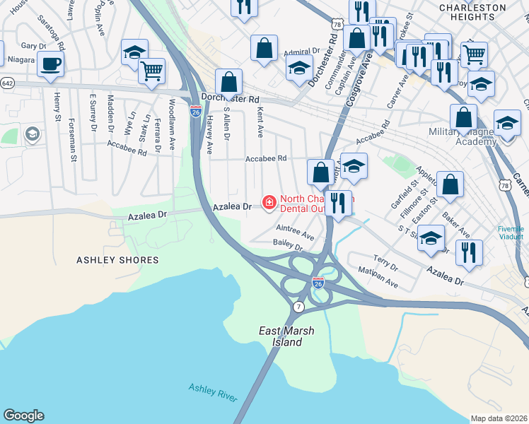 map of restaurants, bars, coffee shops, grocery stores, and more near 3625 Azalea Drive in North Charleston