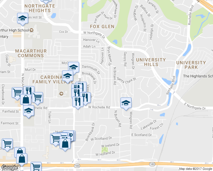 map of restaurants, bars, coffee shops, grocery stores, and more near 3101 Bryn Mawr Drive in Irving