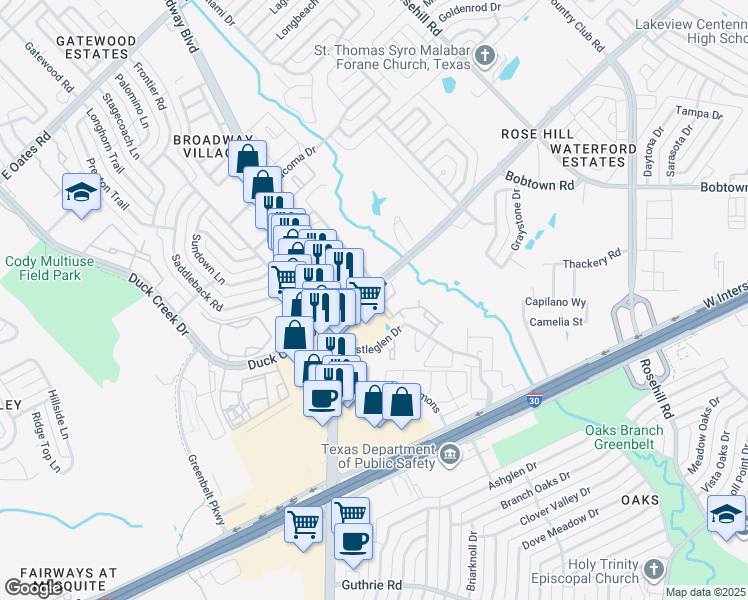 map of restaurants, bars, coffee shops, grocery stores, and more near 528 Rowlett Road in Garland
