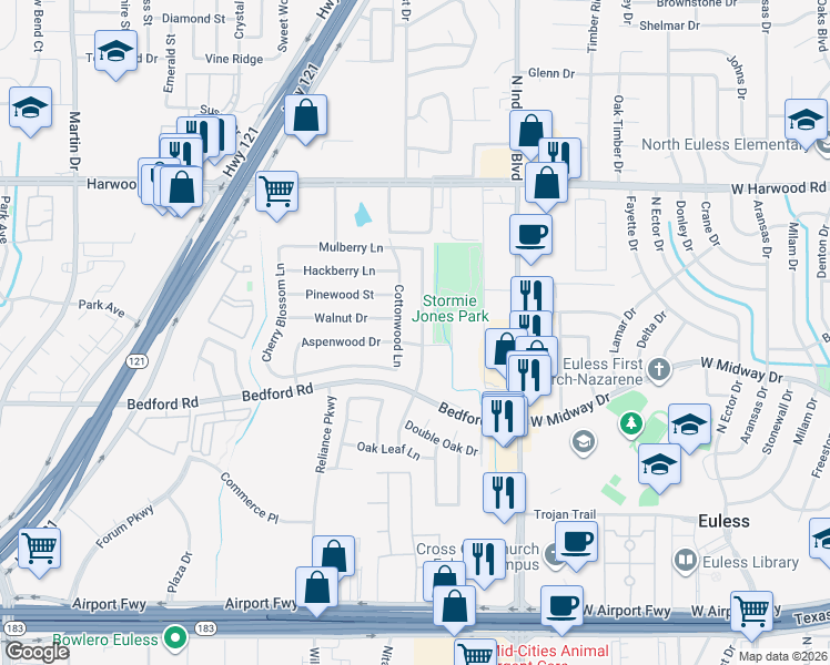 map of restaurants, bars, coffee shops, grocery stores, and more near 2405 Chinaberry Drive in Bedford