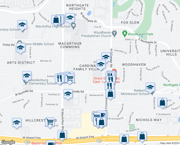 map of restaurants, bars, coffee shops, grocery stores, and more near 707 Metker Street in Irving