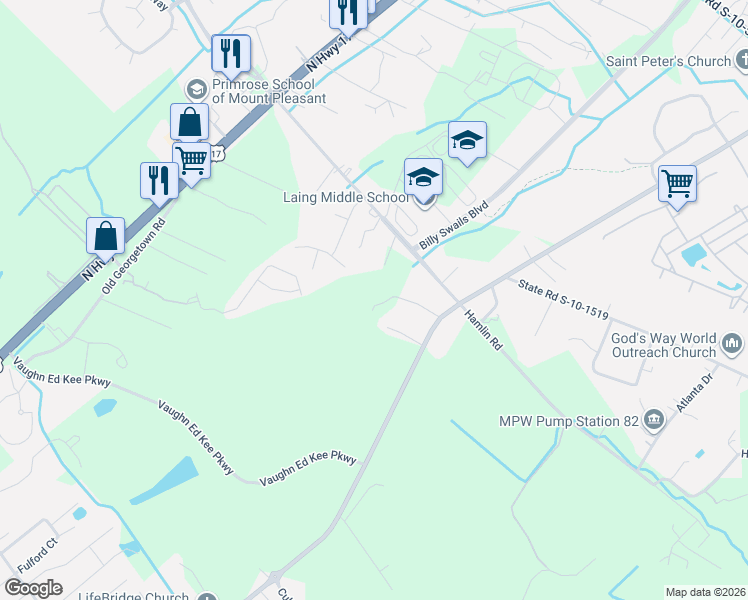 map of restaurants, bars, coffee shops, grocery stores, and more near 1300 Willow Pond Road in Mount Pleasant