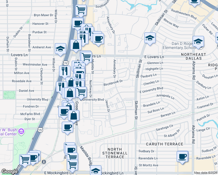 map of restaurants, bars, coffee shops, grocery stores, and more near 5924 Birchbrook Drive in Dallas