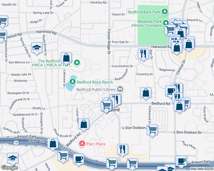 map of restaurants, bars, coffee shops, grocery stores, and more near 1600 Warwickshire Court West in Bedford