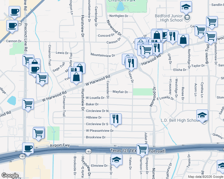 map of restaurants, bars, coffee shops, grocery stores, and more near 328 Mayfair Drive in Hurst