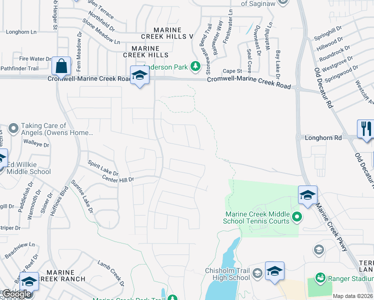 map of restaurants, bars, coffee shops, grocery stores, and more near 5117 Bow Lake Trail in Fort Worth