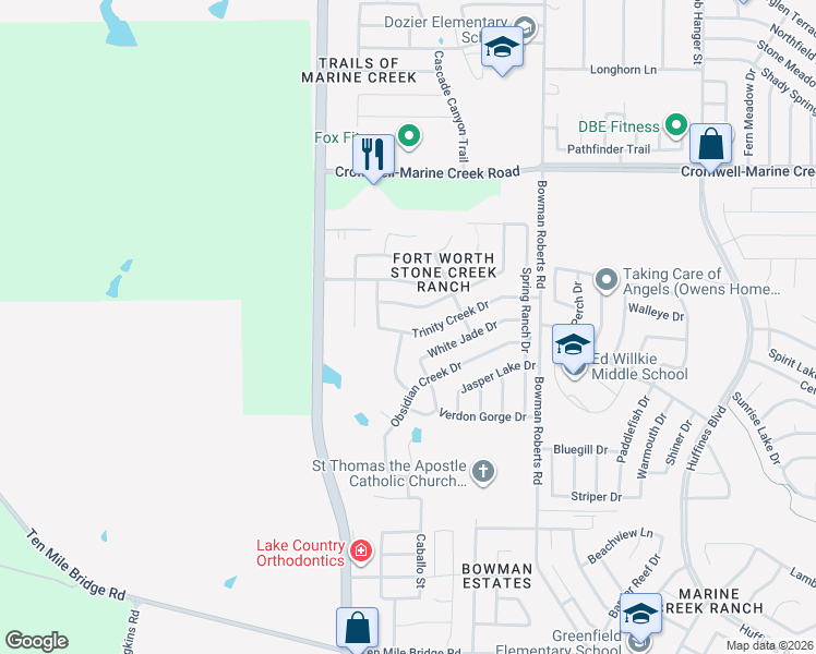map of restaurants, bars, coffee shops, grocery stores, and more near 6364 Trinity Creek Drive in Fort Worth