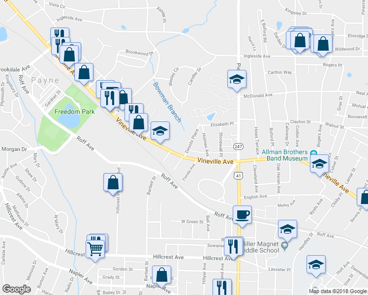 map of restaurants, bars, coffee shops, grocery stores, and more near 110 Desoto Place in Macon