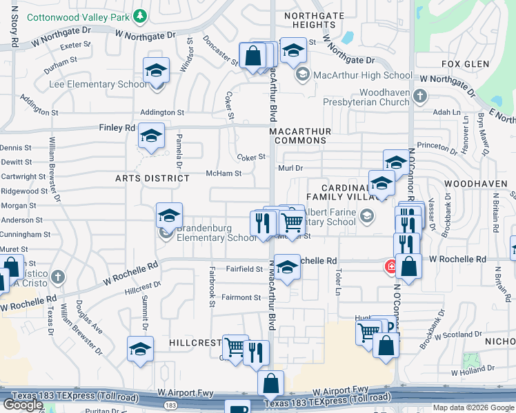 map of restaurants, bars, coffee shops, grocery stores, and more near 1112 Janell Drive in Irving