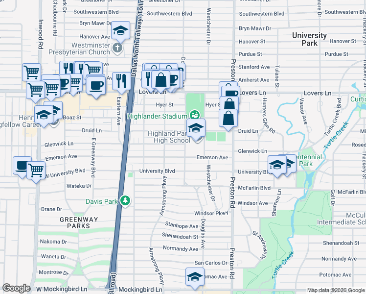 map of restaurants, bars, coffee shops, grocery stores, and more near 4301 Glenwick Lane in Dallas