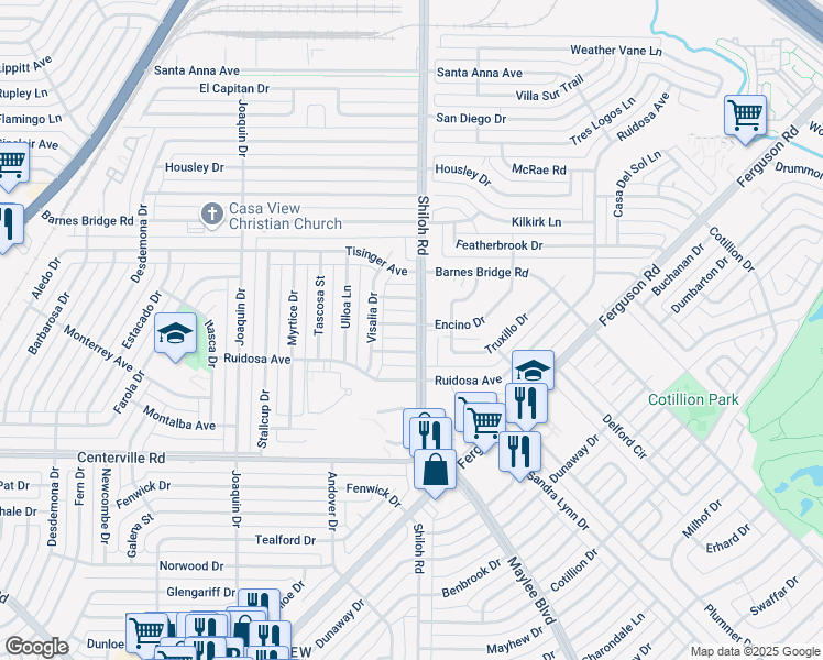 map of restaurants, bars, coffee shops, grocery stores, and more near 2836 Encino Drive in Dallas