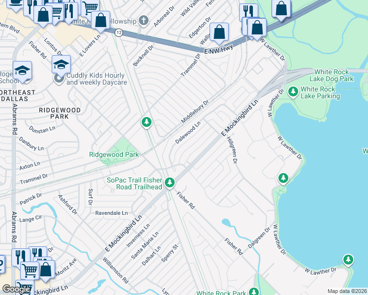 map of restaurants, bars, coffee shops, grocery stores, and more near 7139 Westbrook Lane in Dallas