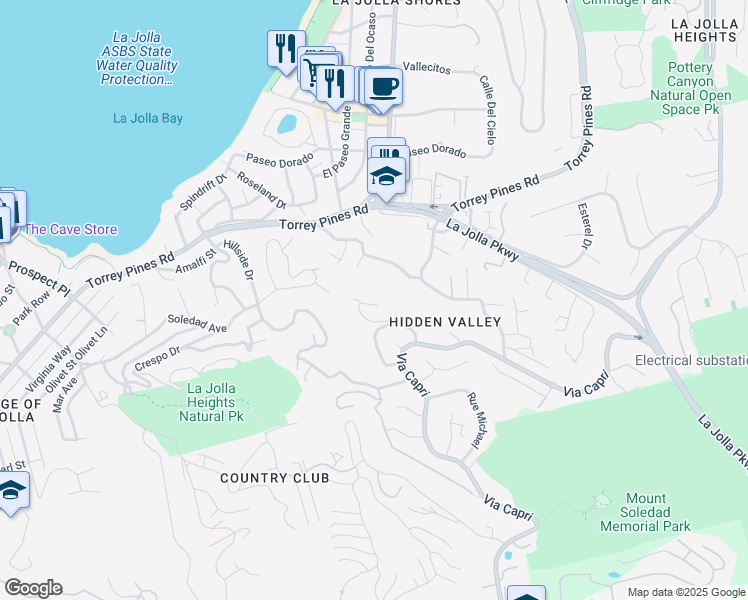 map of restaurants, bars, coffee shops, grocery stores, and more near 7655 Caminito Avola in San Diego