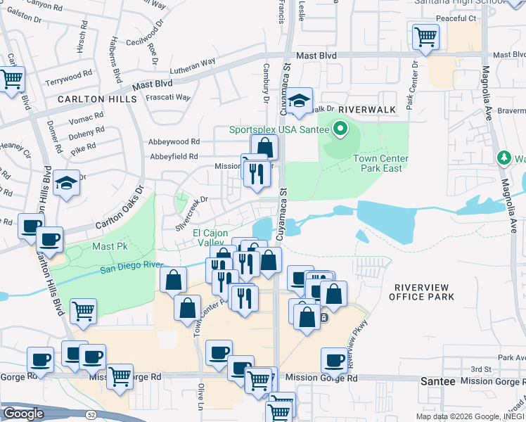 map of restaurants, bars, coffee shops, grocery stores, and more near 203 River Park Drive in Santee