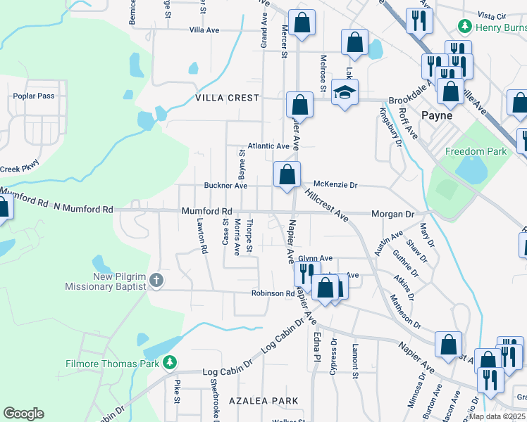 map of restaurants, bars, coffee shops, grocery stores, and more near 3809 Mumford Road in Macon