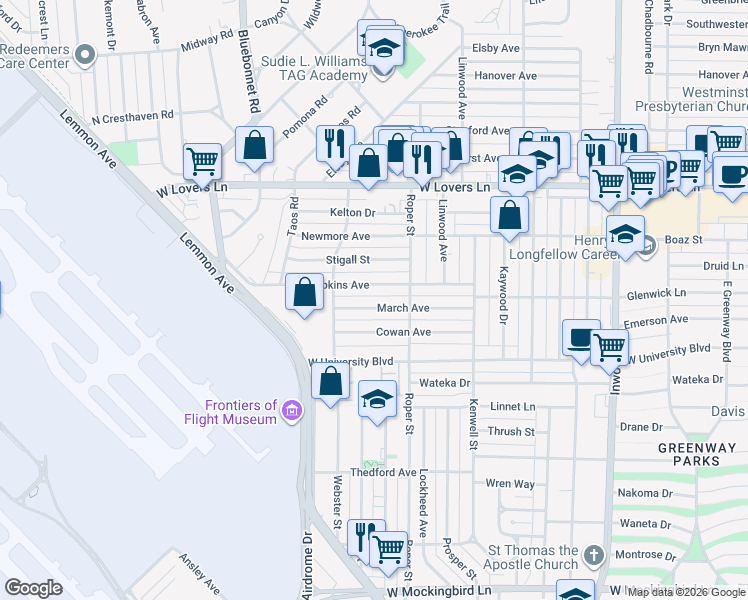 map of restaurants, bars, coffee shops, grocery stores, and more near 4617 March Avenue in Dallas