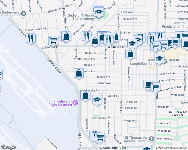 map of restaurants, bars, coffee shops, grocery stores, and more near 4519 March Avenue in Dallas