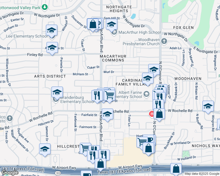 map of restaurants, bars, coffee shops, grocery stores, and more near 3000 North MacArthur Boulevard in Irving