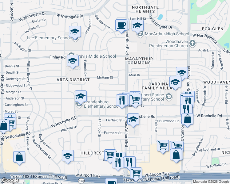 map of restaurants, bars, coffee shops, grocery stores, and more near 1112 Janell Drive in Irving