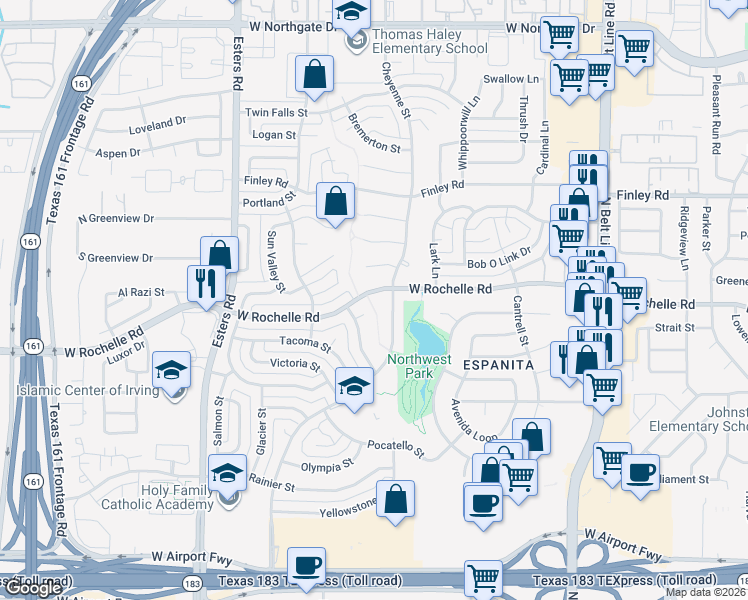 map of restaurants, bars, coffee shops, grocery stores, and more near 3814 West Rochelle Road in Irving