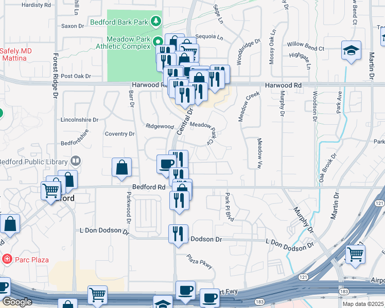 map of restaurants, bars, coffee shops, grocery stores, and more near 2418 Meadow Park Circle in Bedford