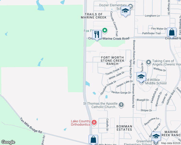 map of restaurants, bars, coffee shops, grocery stores, and more near 6205 Stone Lake Drive in Fort Worth