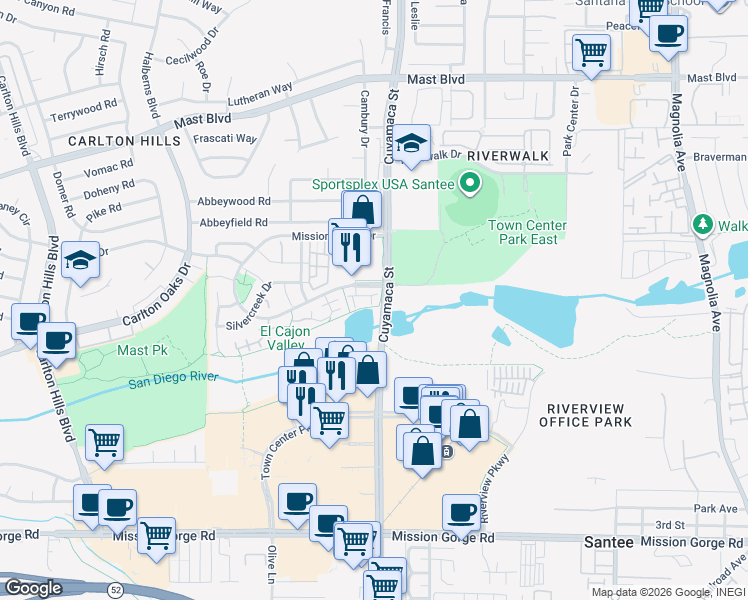 map of restaurants, bars, coffee shops, grocery stores, and more near 217 River Park Drive in Santee
