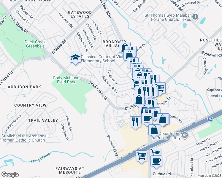 map of restaurants, bars, coffee shops, grocery stores, and more near 5602 Saddleback Road in Garland