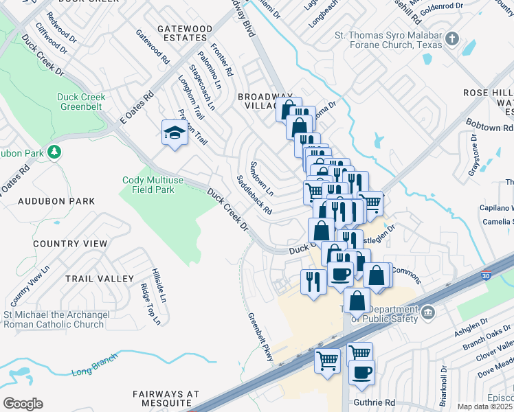 map of restaurants, bars, coffee shops, grocery stores, and more near 5602 Saddleback Road in Garland